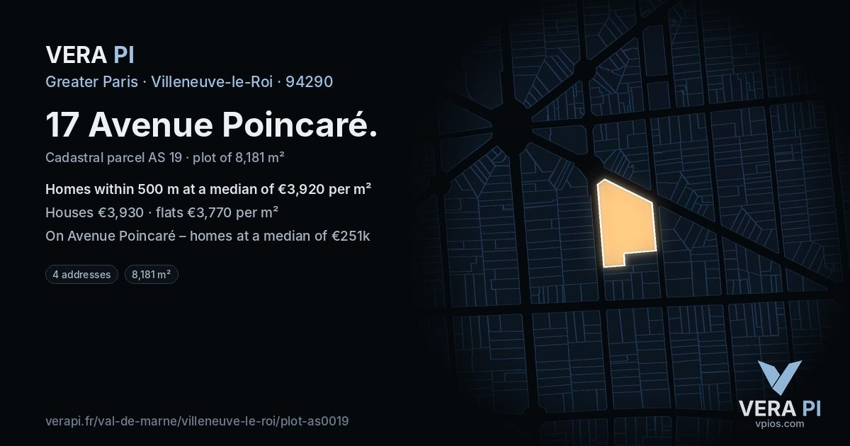 17 Avenue Poincaré, Villeneuve-le-Roi at night – the plot lit, the parcels around coloured by the prices near them