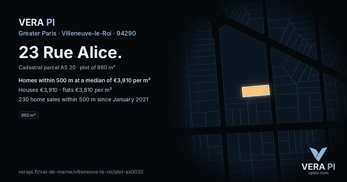 23 Rue Alice, Villeneuve-le-Roi at night – the plot lit, the parcels around coloured by the prices near them