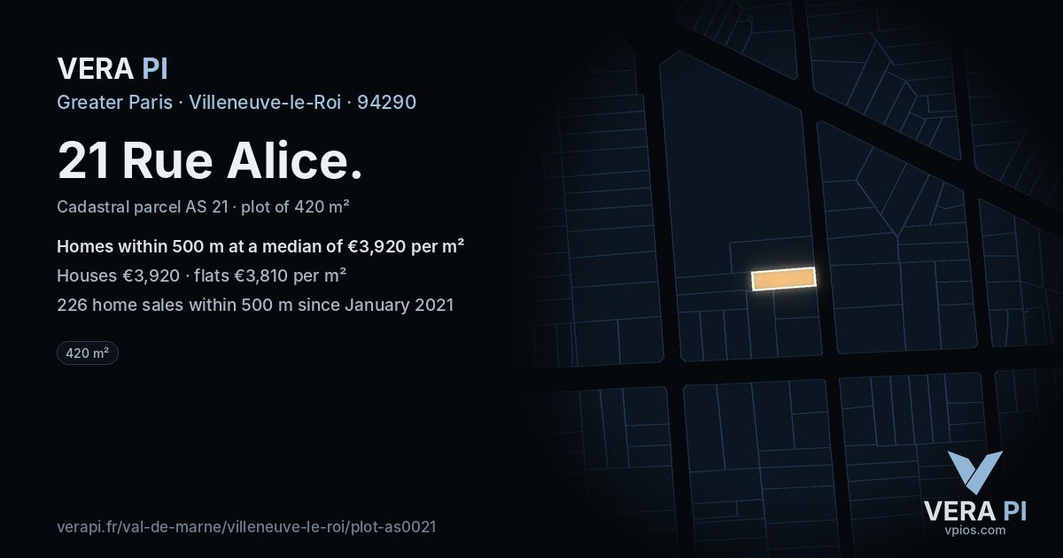 21 Rue Alice, Villeneuve-le-Roi at night – the plot lit, the parcels around coloured by the prices near them