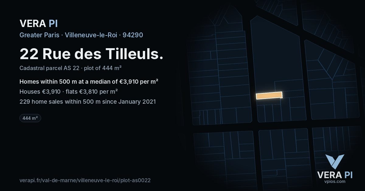 22 Rue des Tilleuls, Villeneuve-le-Roi at night – the plot lit, the parcels around coloured by the prices near them