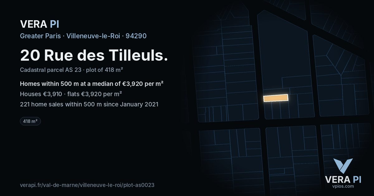 20 Rue des Tilleuls, Villeneuve-le-Roi at night – the plot lit, the parcels around coloured by the prices near them