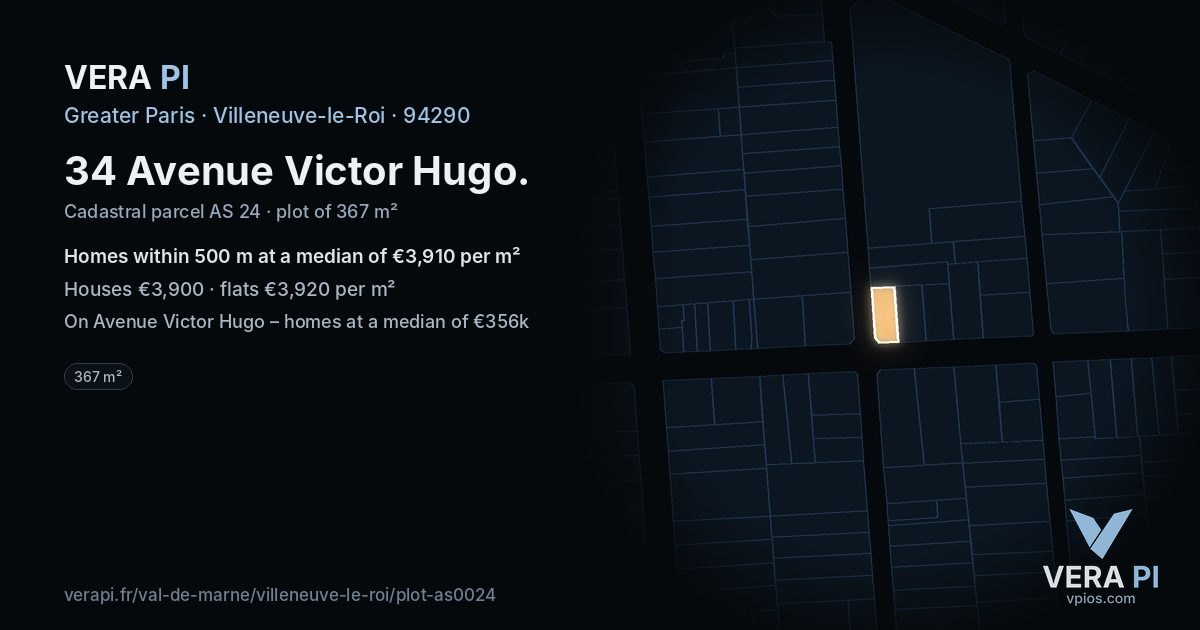 34 Avenue Victor Hugo, Villeneuve-le-Roi at night – the plot lit, the parcels around coloured by the prices near them