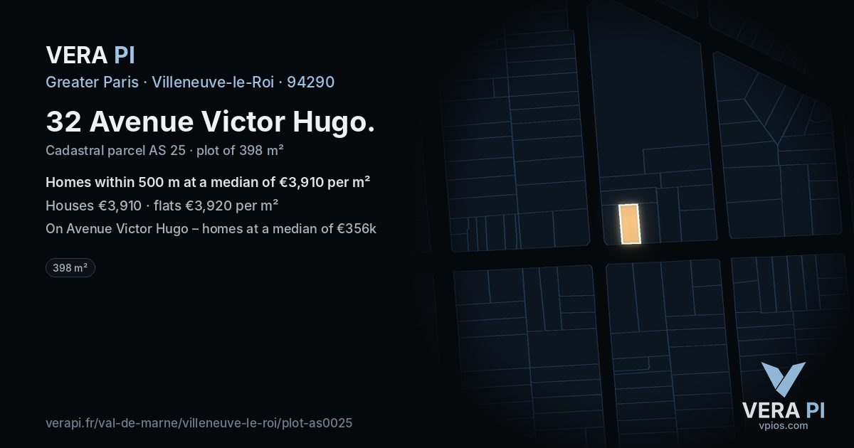 32 Avenue Victor Hugo, Villeneuve-le-Roi at night – the plot lit, the parcels around coloured by the prices near them