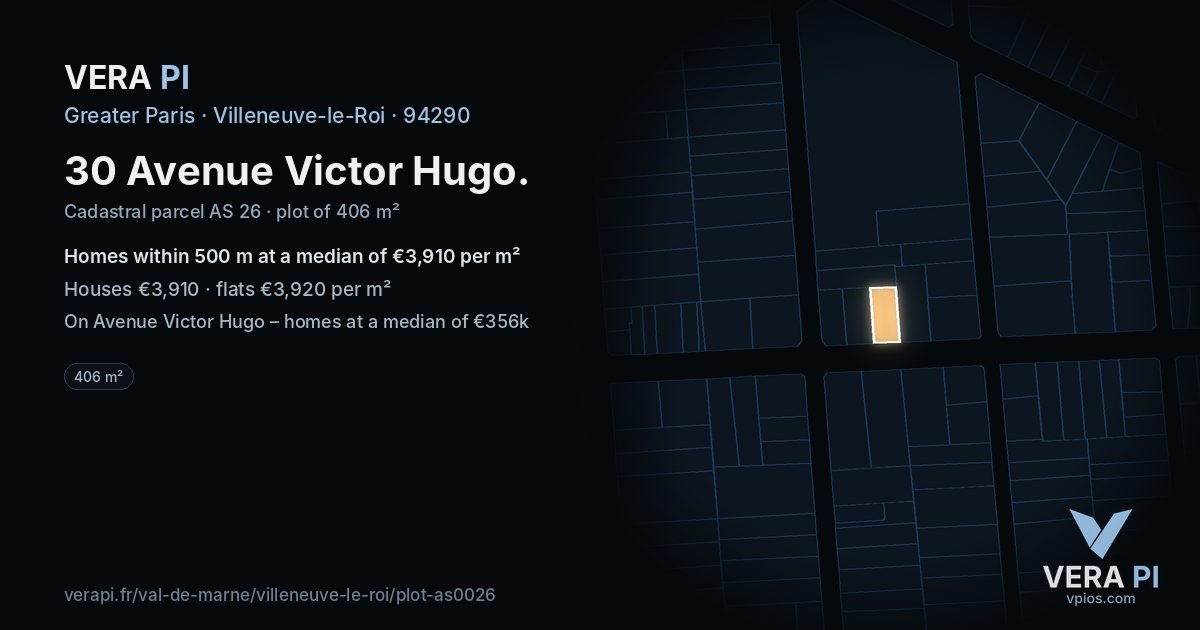 30 Avenue Victor Hugo, Villeneuve-le-Roi at night – the plot lit, the parcels around coloured by the prices near them