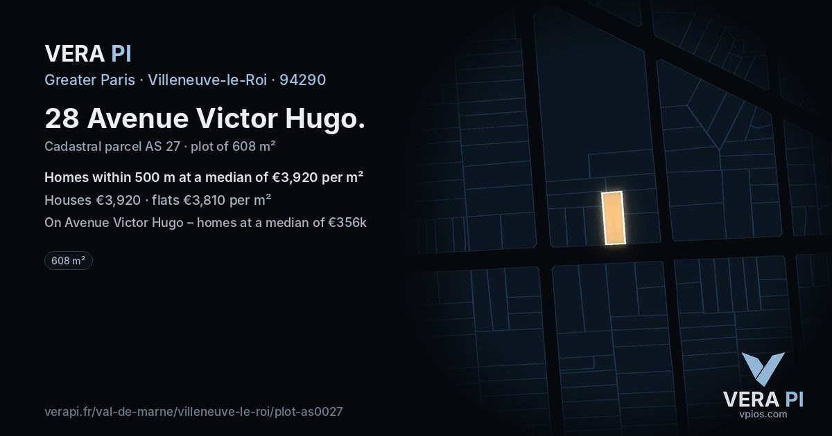 28 Avenue Victor Hugo, Villeneuve-le-Roi at night – the plot lit, the parcels around coloured by the prices near them