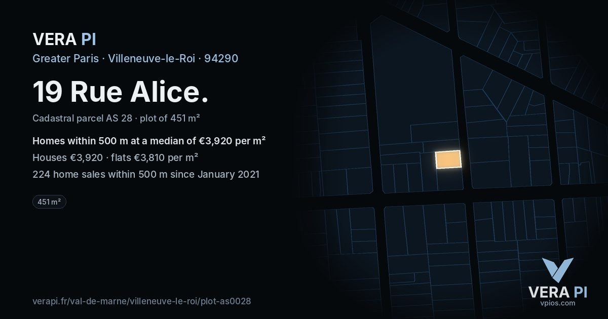 19 Rue Alice, Villeneuve-le-Roi at night – the plot lit, the parcels around coloured by the prices near them