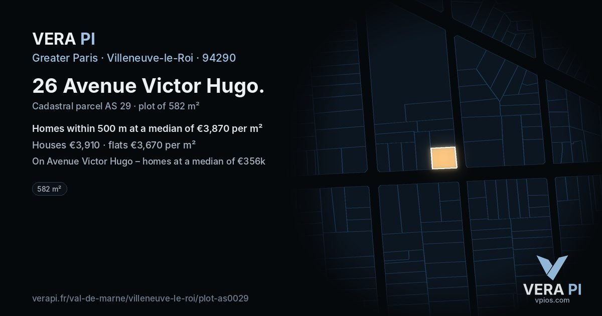 26 Avenue Victor Hugo, Villeneuve-le-Roi at night – the plot lit, the parcels around coloured by the prices near them