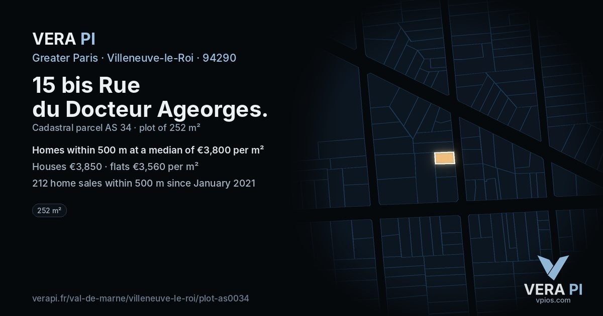 15 bis Rue du Docteur Ageorges, Villeneuve-le-Roi at night – the plot lit, the parcels around coloured by the prices near them