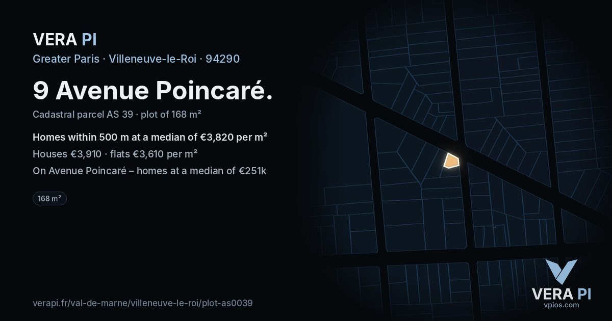 9 Avenue Poincaré, Villeneuve-le-Roi at night – the plot lit, the parcels around coloured by the prices near them