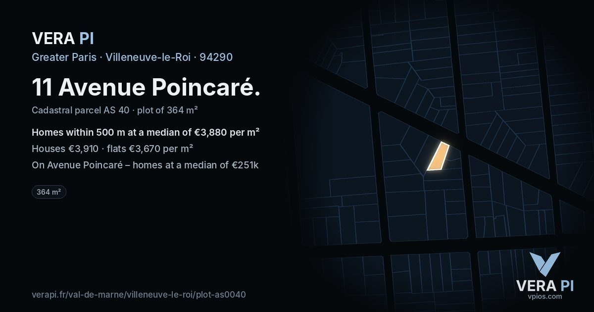 11 Avenue Poincaré, Villeneuve-le-Roi at night – the plot lit, the parcels around coloured by the prices near them