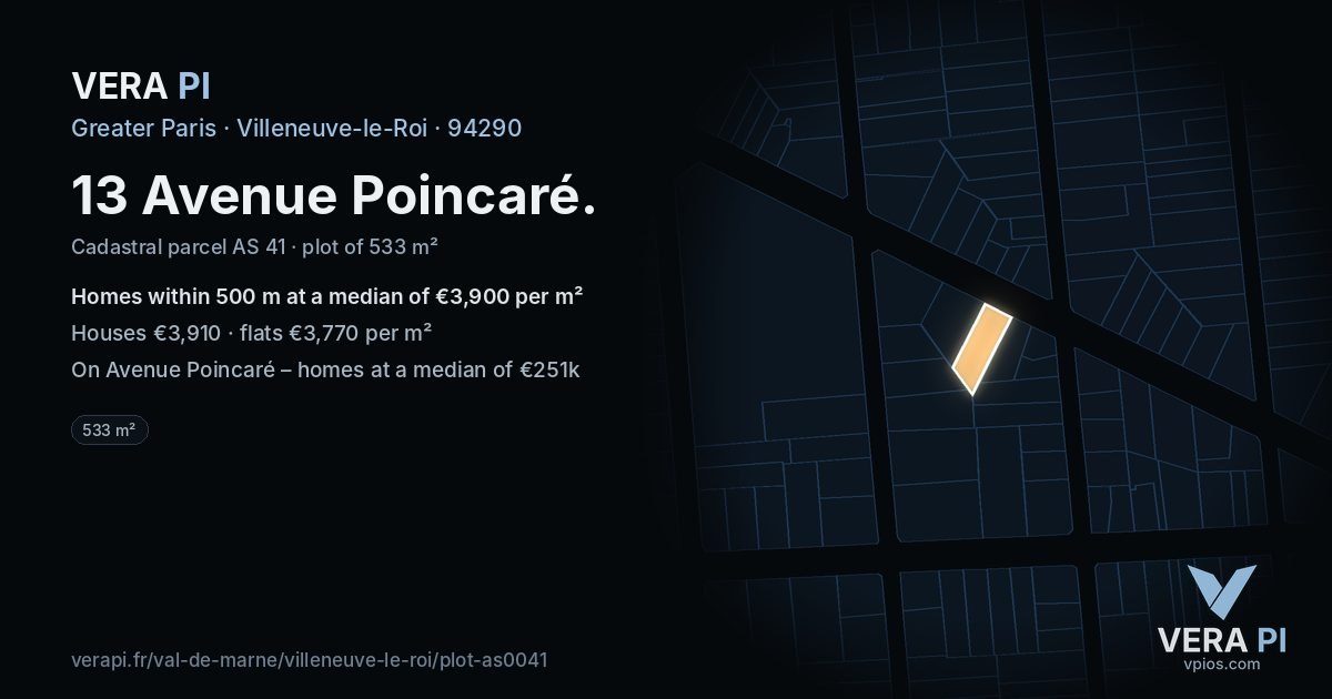 13 Avenue Poincaré, Villeneuve-le-Roi at night – the plot lit, the parcels around coloured by the prices near them