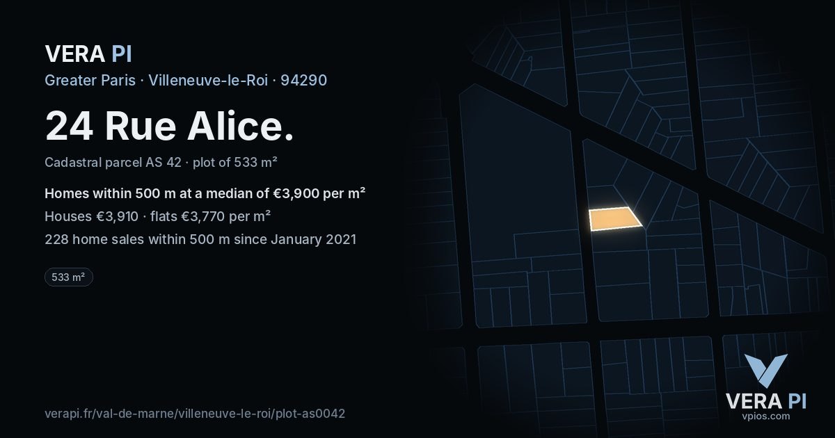 24 Rue Alice, Villeneuve-le-Roi at night – the plot lit, the parcels around coloured by the prices near them