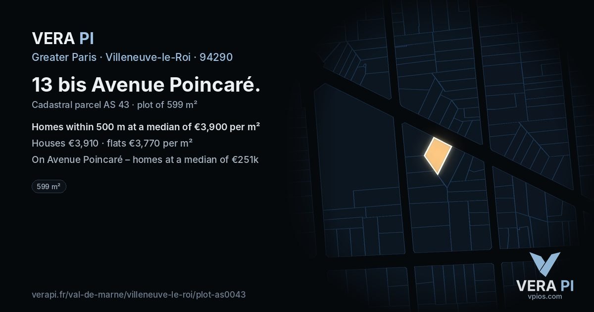 13 bis Avenue Poincaré, Villeneuve-le-Roi at night – the plot lit, the parcels around coloured by the prices near them