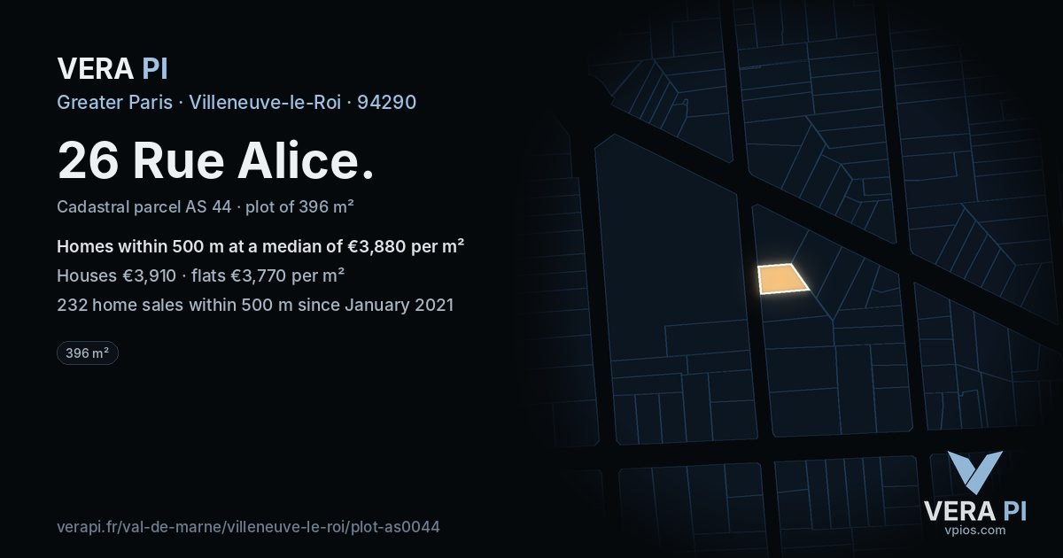 26 Rue Alice, Villeneuve-le-Roi at night – the plot lit, the parcels around coloured by the prices near them