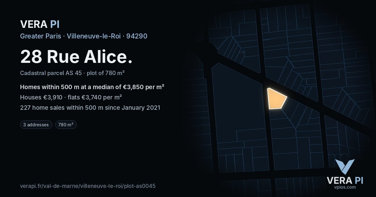 28 Rue Alice, Villeneuve-le-Roi at night – the plot lit, the parcels around coloured by the prices near them