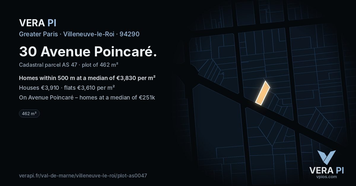 30 Avenue Poincaré, Villeneuve-le-Roi at night – the plot lit, the parcels around coloured by the prices near them