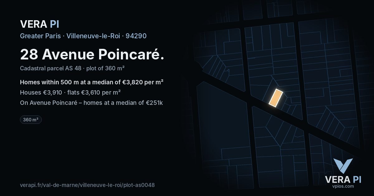 28 Avenue Poincaré, Villeneuve-le-Roi at night – the plot lit, the parcels around coloured by the prices near them