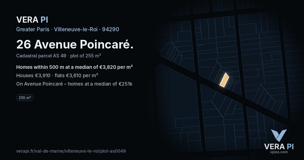 26 Avenue Poincaré, Villeneuve-le-Roi at night – the plot lit, the parcels around coloured by the prices near them