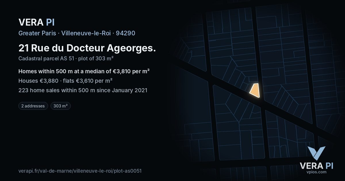 21 Rue du Docteur Ageorges, Villeneuve-le-Roi at night – the plot lit, the parcels around coloured by the prices near them