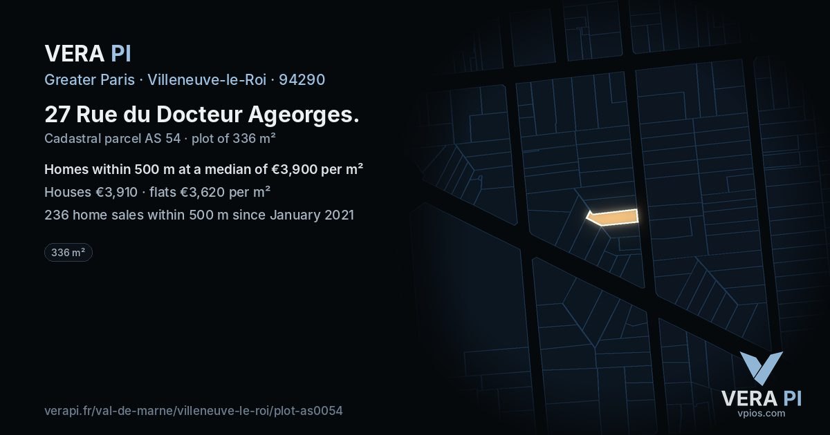 27 Rue du Docteur Ageorges, Villeneuve-le-Roi at night – the plot lit, the parcels around coloured by the prices near them