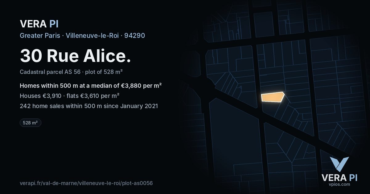 30 Rue Alice, Villeneuve-le-Roi at night – the plot lit, the parcels around coloured by the prices near them