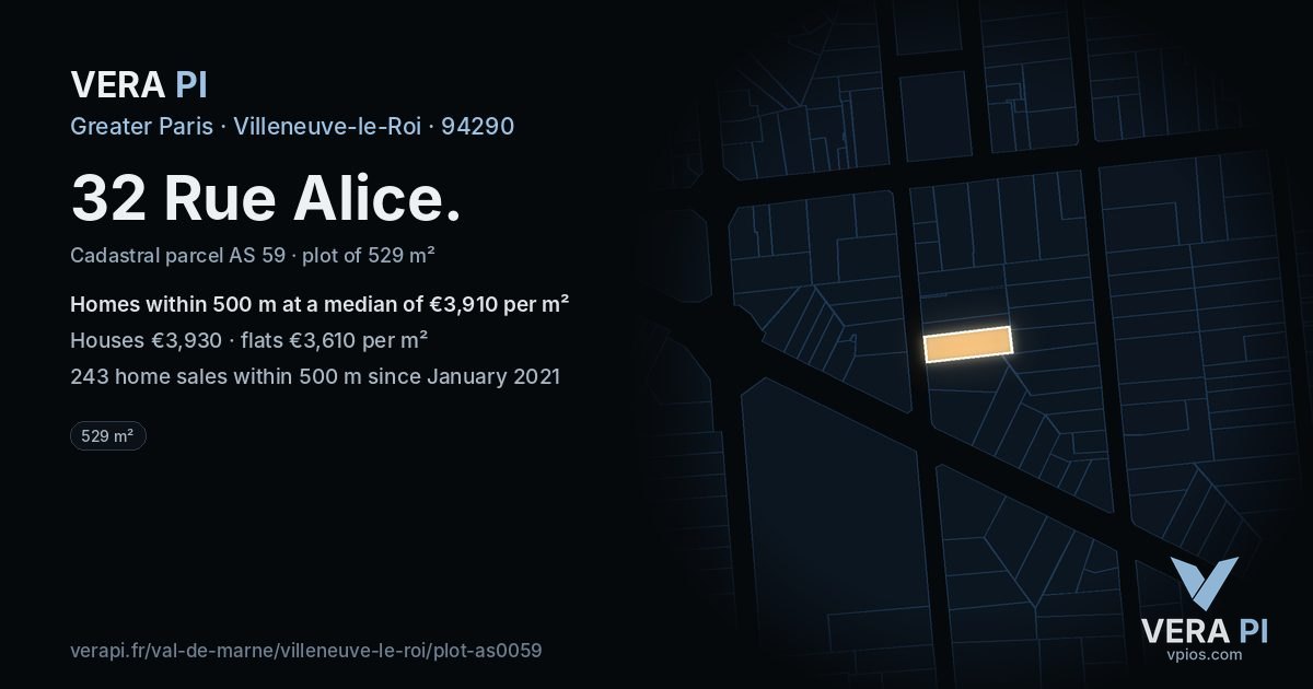 32 Rue Alice, Villeneuve-le-Roi at night – the plot lit, the parcels around coloured by the prices near them