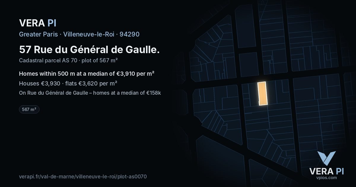 57 Rue du Général de Gaulle, Villeneuve-le-Roi at night – the plot lit, the parcels around coloured by the prices near them