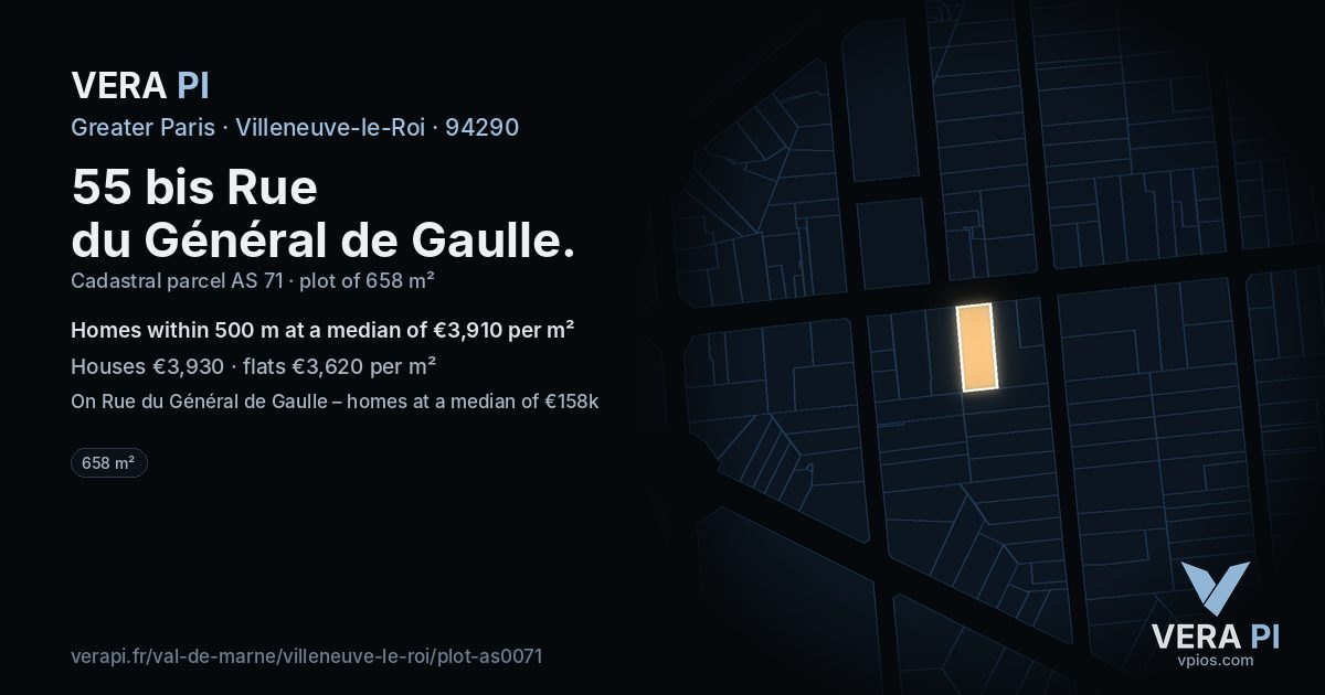 55 bis Rue du Général de Gaulle, Villeneuve-le-Roi at night – the plot lit, the parcels around coloured by the prices near them