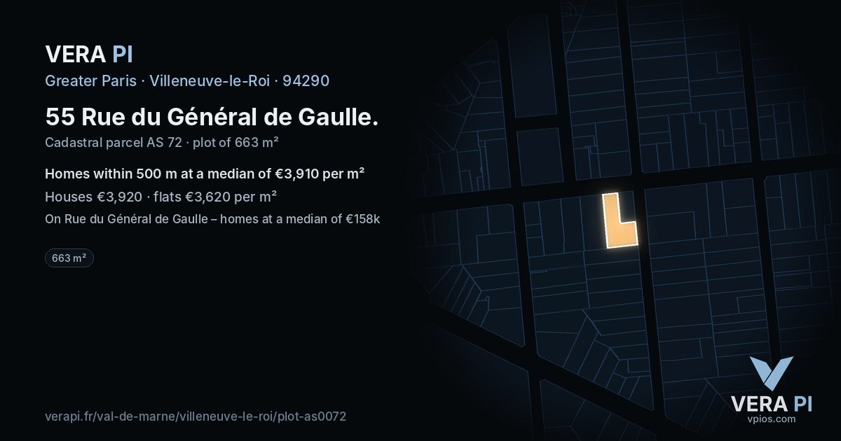 55 Rue du Général de Gaulle, Villeneuve-le-Roi at night – the plot lit, the parcels around coloured by the prices near them