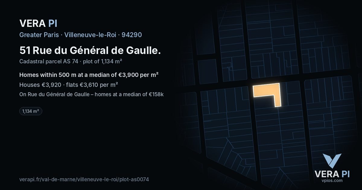 51 Rue du Général de Gaulle, Villeneuve-le-Roi at night – the plot lit, the parcels around coloured by the prices near them