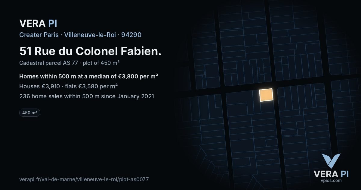 51 Rue du Colonel Fabien, Villeneuve-le-Roi at night – the plot lit, the parcels around coloured by the prices near them