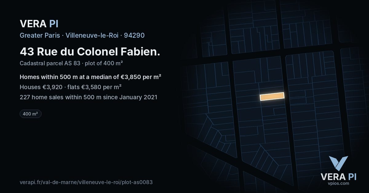43 Rue du Colonel Fabien, Villeneuve-le-Roi at night – the plot lit, the parcels around coloured by the prices near them