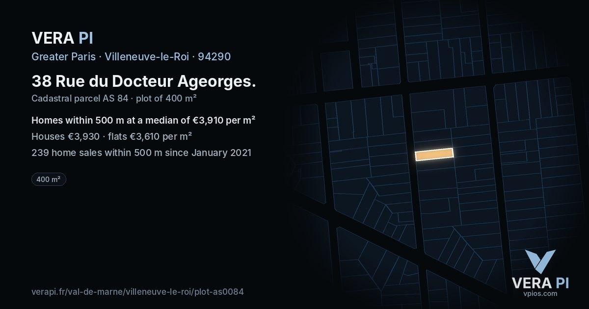 38 Rue du Docteur Ageorges, Villeneuve-le-Roi at night – the plot lit, the parcels around coloured by the prices near them