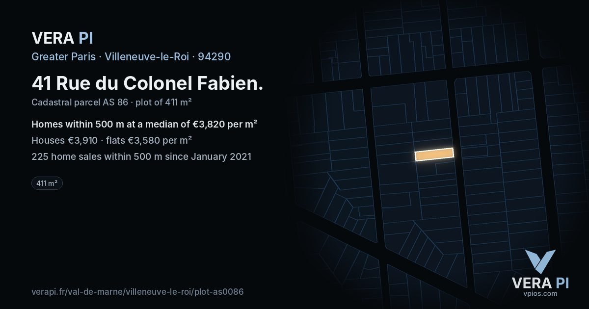 41 Rue du Colonel Fabien, Villeneuve-le-Roi at night – the plot lit, the parcels around coloured by the prices near them