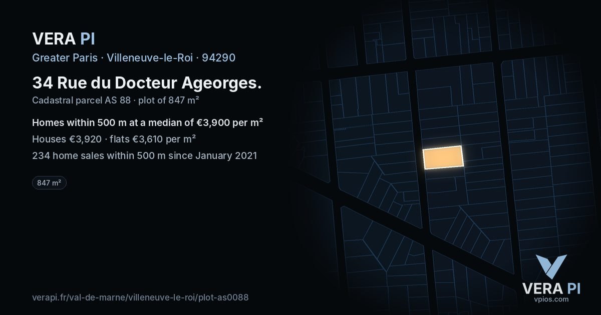 34 Rue du Docteur Ageorges, Villeneuve-le-Roi at night – the plot lit, the parcels around coloured by the prices near them