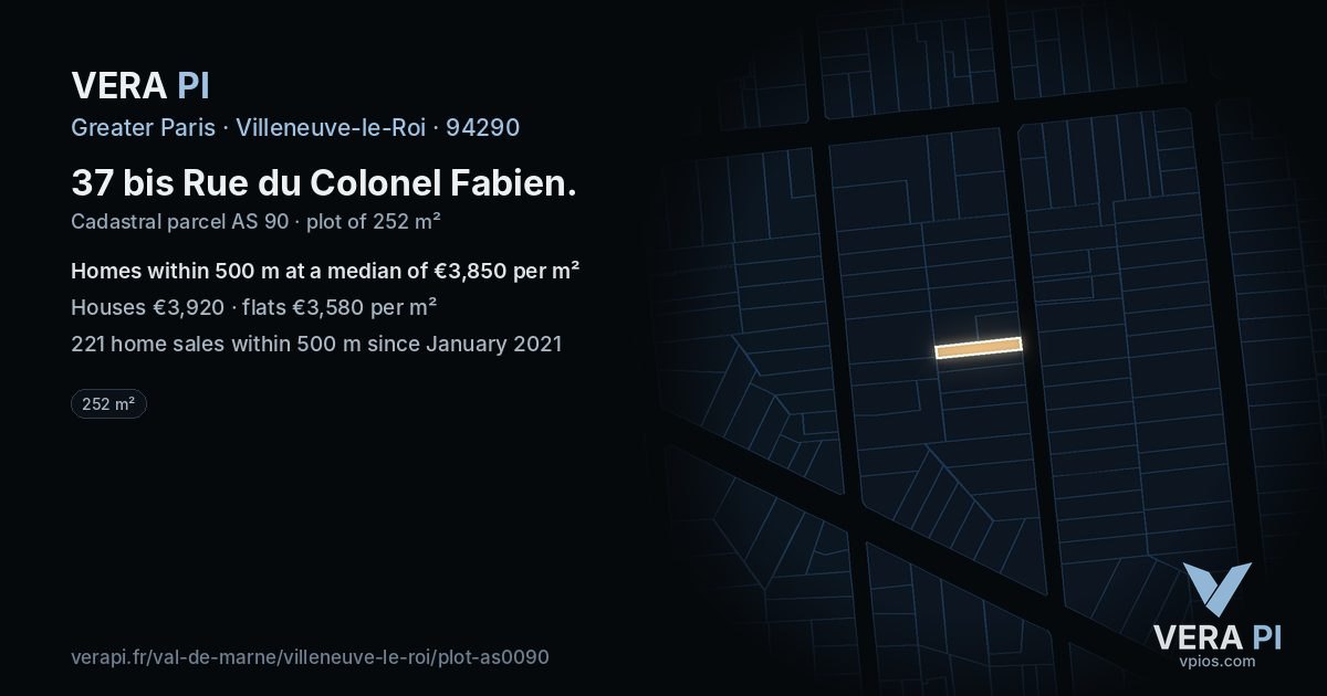 37 bis Rue du Colonel Fabien, Villeneuve-le-Roi at night – the plot lit, the parcels around coloured by the prices near them