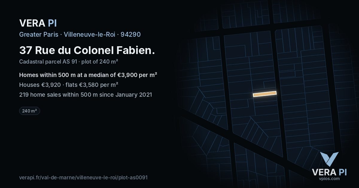 37 Rue du Colonel Fabien, Villeneuve-le-Roi at night – the plot lit, the parcels around coloured by the prices near them