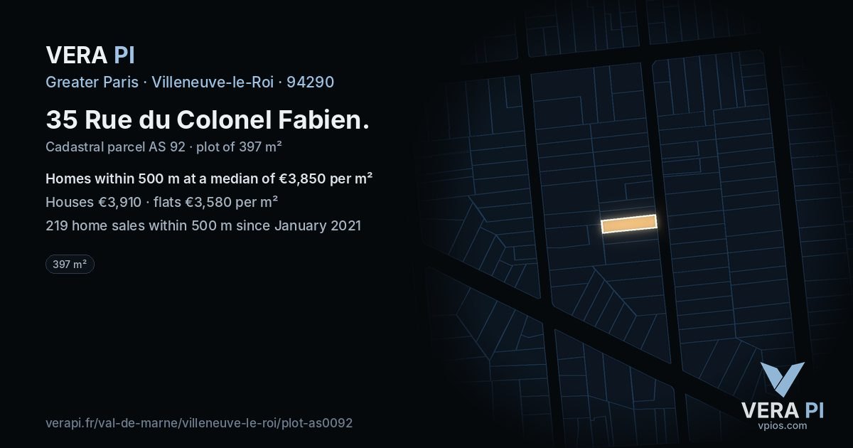 35 Rue du Colonel Fabien, Villeneuve-le-Roi at night – the plot lit, the parcels around coloured by the prices near them