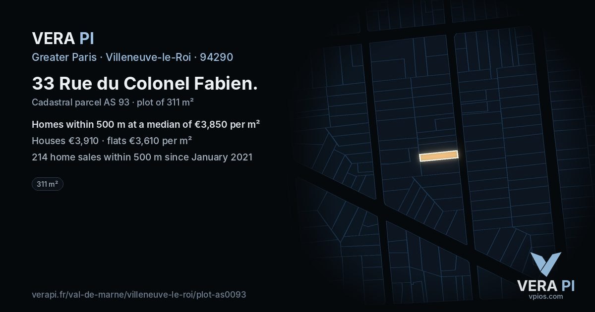 33 Rue du Colonel Fabien, Villeneuve-le-Roi at night – the plot lit, the parcels around coloured by the prices near them