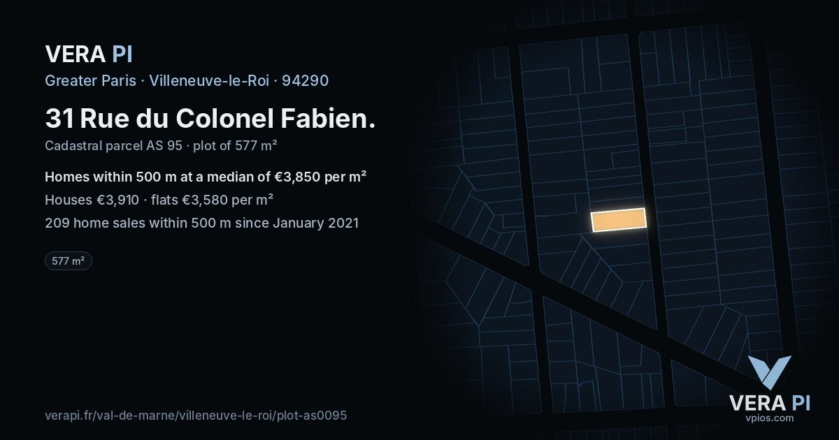 31 Rue du Colonel Fabien, Villeneuve-le-Roi at night – the plot lit, the parcels around coloured by the prices near them