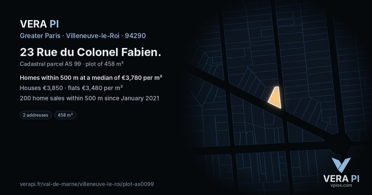23 Rue du Colonel Fabien, Villeneuve-le-Roi at night – the plot lit, the parcels around coloured by the prices near them