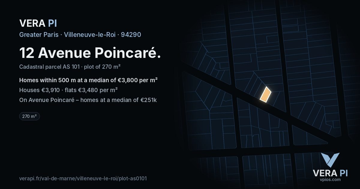 12 Avenue Poincaré, Villeneuve-le-Roi at night – the plot lit, the parcels around coloured by the prices near them