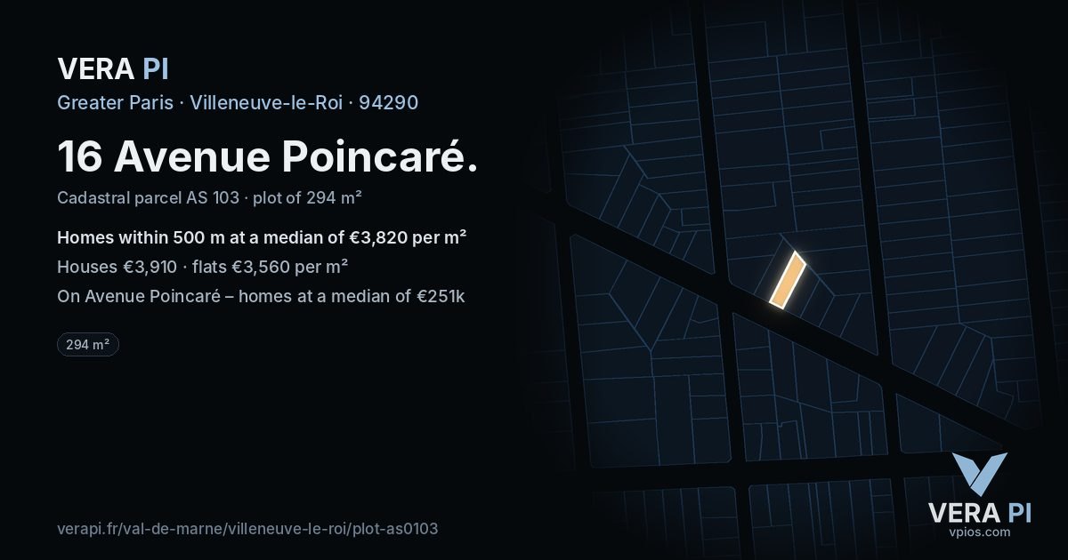 16 Avenue Poincaré, Villeneuve-le-Roi at night – the plot lit, the parcels around coloured by the prices near them