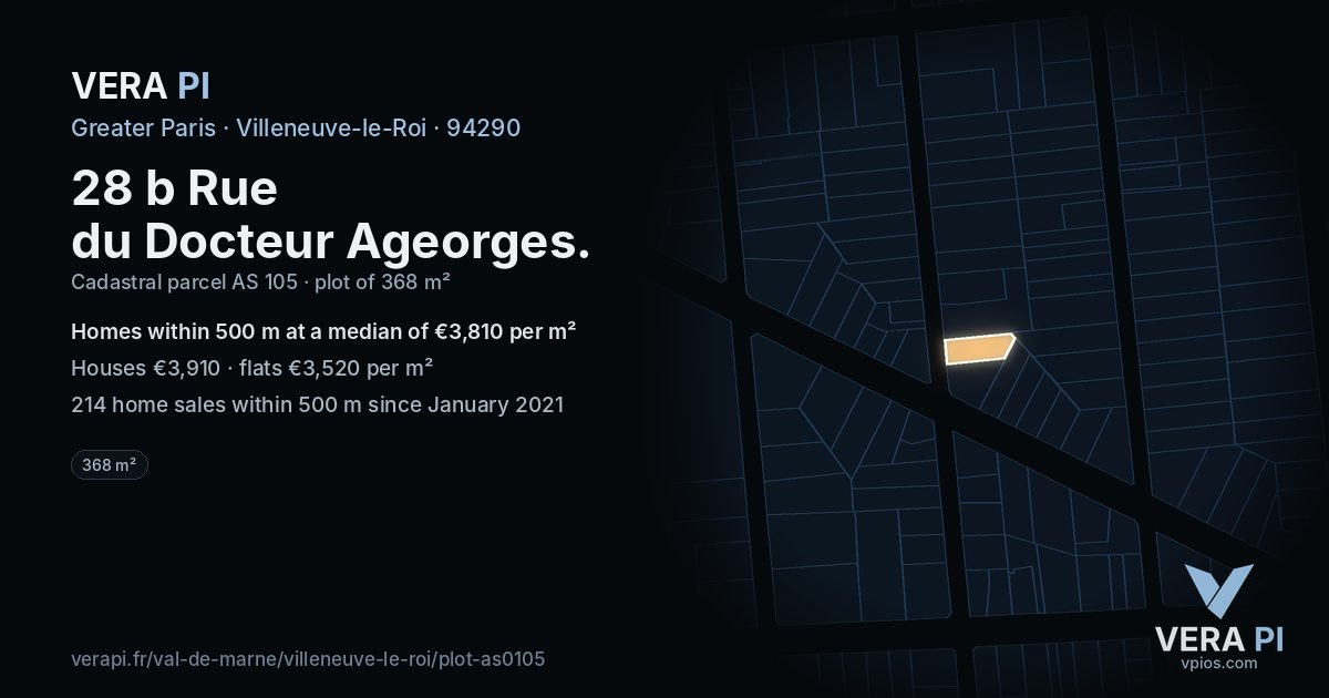 28 b Rue du Docteur Ageorges, Villeneuve-le-Roi at night – the plot lit, the parcels around coloured by the prices near them