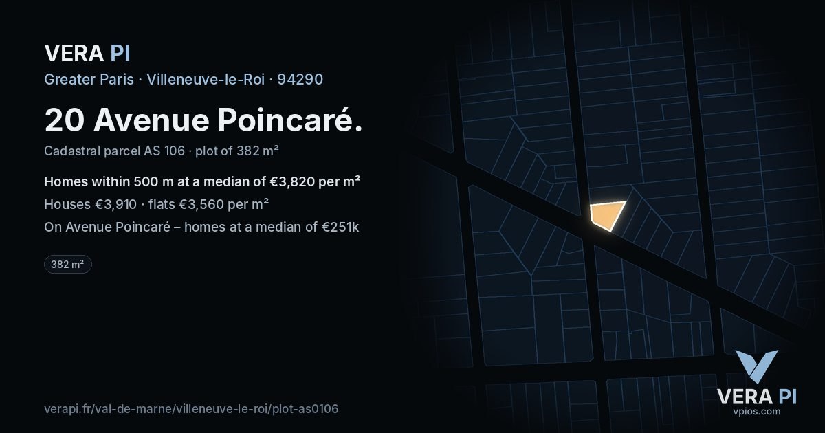 20 Avenue Poincaré, Villeneuve-le-Roi at night – the plot lit, the parcels around coloured by the prices near them