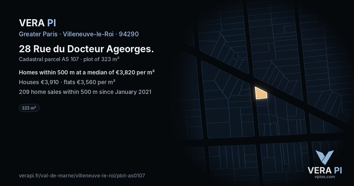 28 Rue du Docteur Ageorges, Villeneuve-le-Roi at night – the plot lit, the parcels around coloured by the prices near them