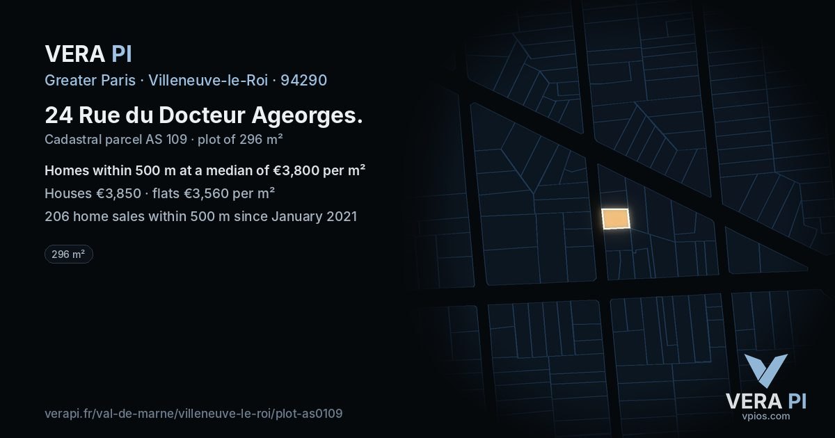 24 Rue du Docteur Ageorges, Villeneuve-le-Roi at night – the plot lit, the parcels around coloured by the prices near them