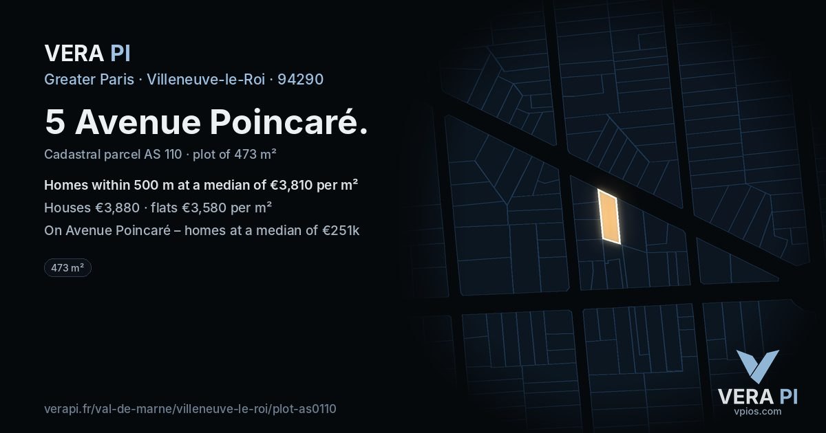 5 Avenue Poincaré, Villeneuve-le-Roi at night – the plot lit, the parcels around coloured by the prices near them
