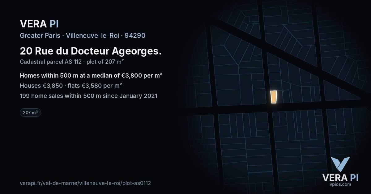 20 Rue du Docteur Ageorges, Villeneuve-le-Roi at night – the plot lit, the parcels around coloured by the prices near them