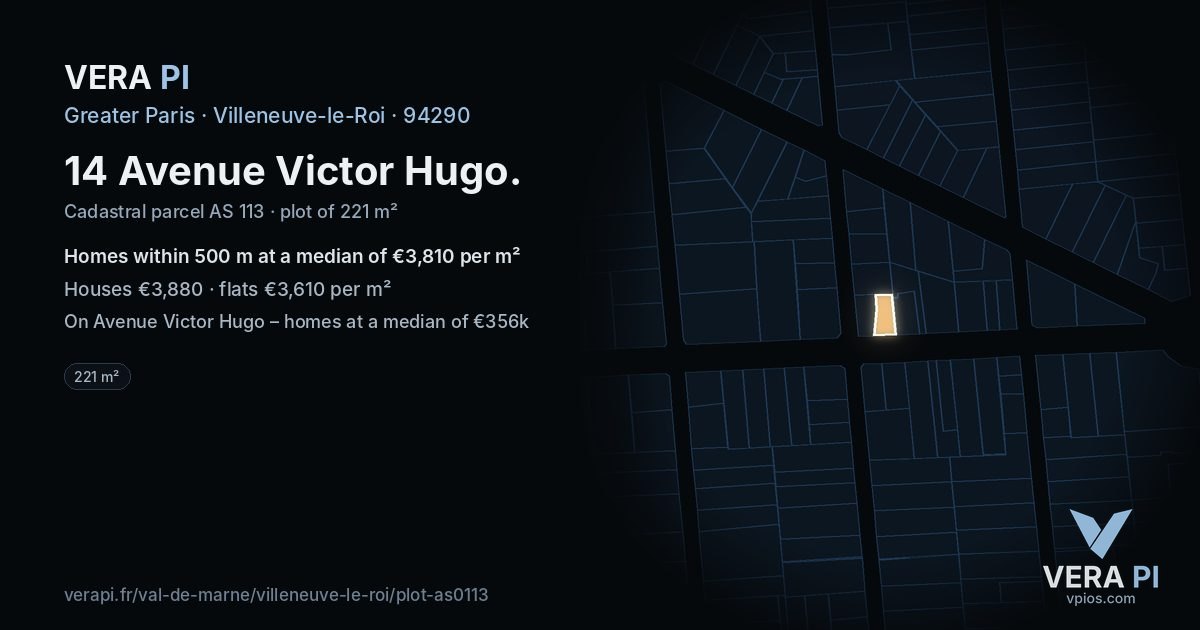 14 Avenue Victor Hugo, Villeneuve-le-Roi at night – the plot lit, the parcels around coloured by the prices near them